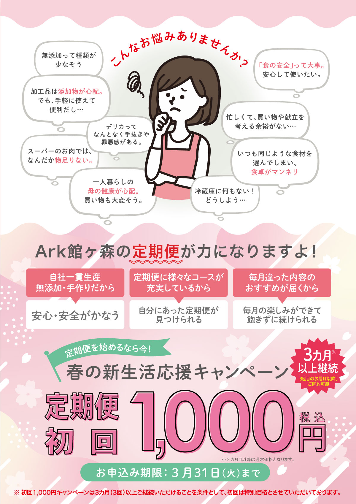 定期便初回1,000円キャンペーンの説明。毎日の食卓の悩みにArk館ヶ森の定期便が力になります。牧場から無添加・安心安全の食材が直接届く。あなたにあった定期便が見つかります。3月31日まで